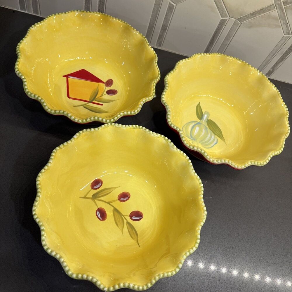 Set Of 3 Bowls Temptations By Tara "Cucina" Scalloped Pasta Soup Salad 0.8 Qt